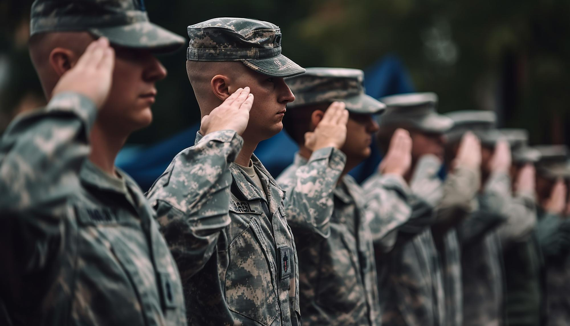 Soldiers standing in formation and saluting at a Fort Leonard Wood ceremony