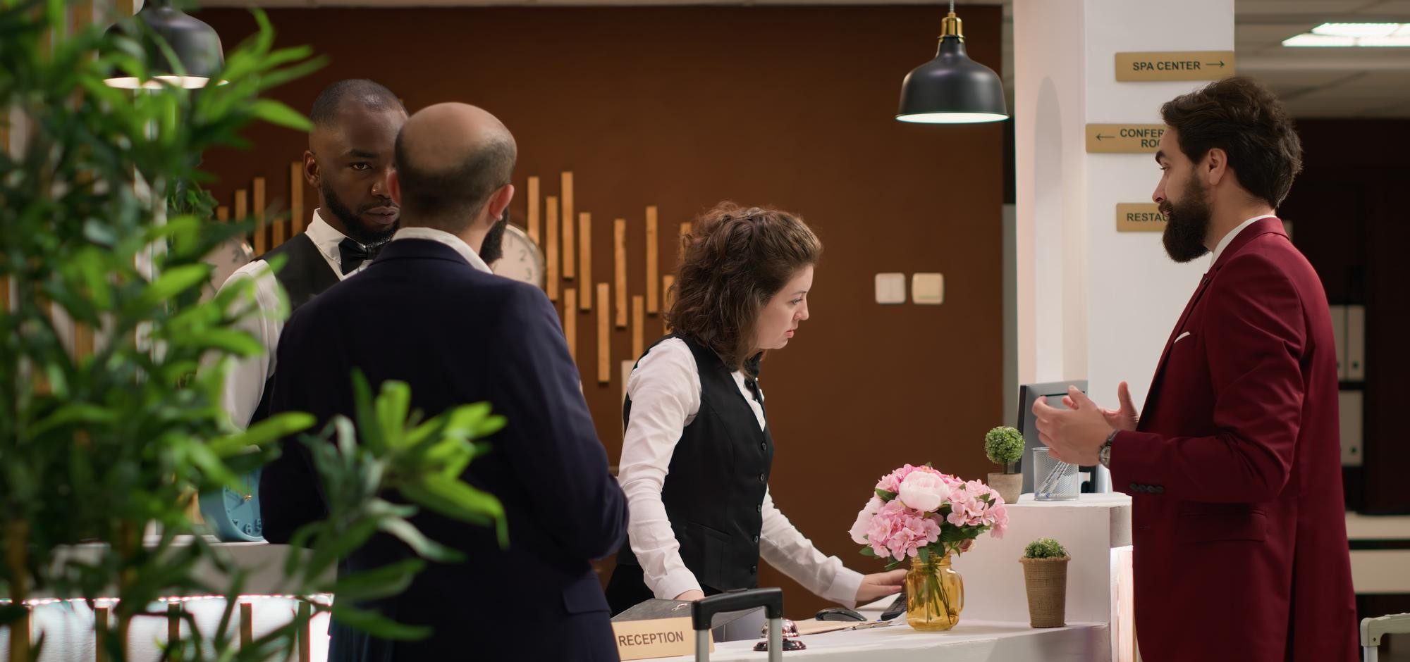 Hotel front-desk staff welcoming guests at the reception counter